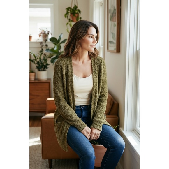 Zenana Women Olive Green Popcorn Knit Open Front Cardigan Sweater Size Medium - Picture 3 of 6